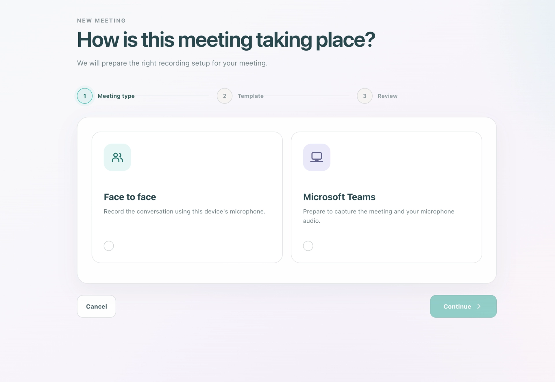Choosing how a meeting is taking place in Pebble Capture: face to face or Microsoft Teams